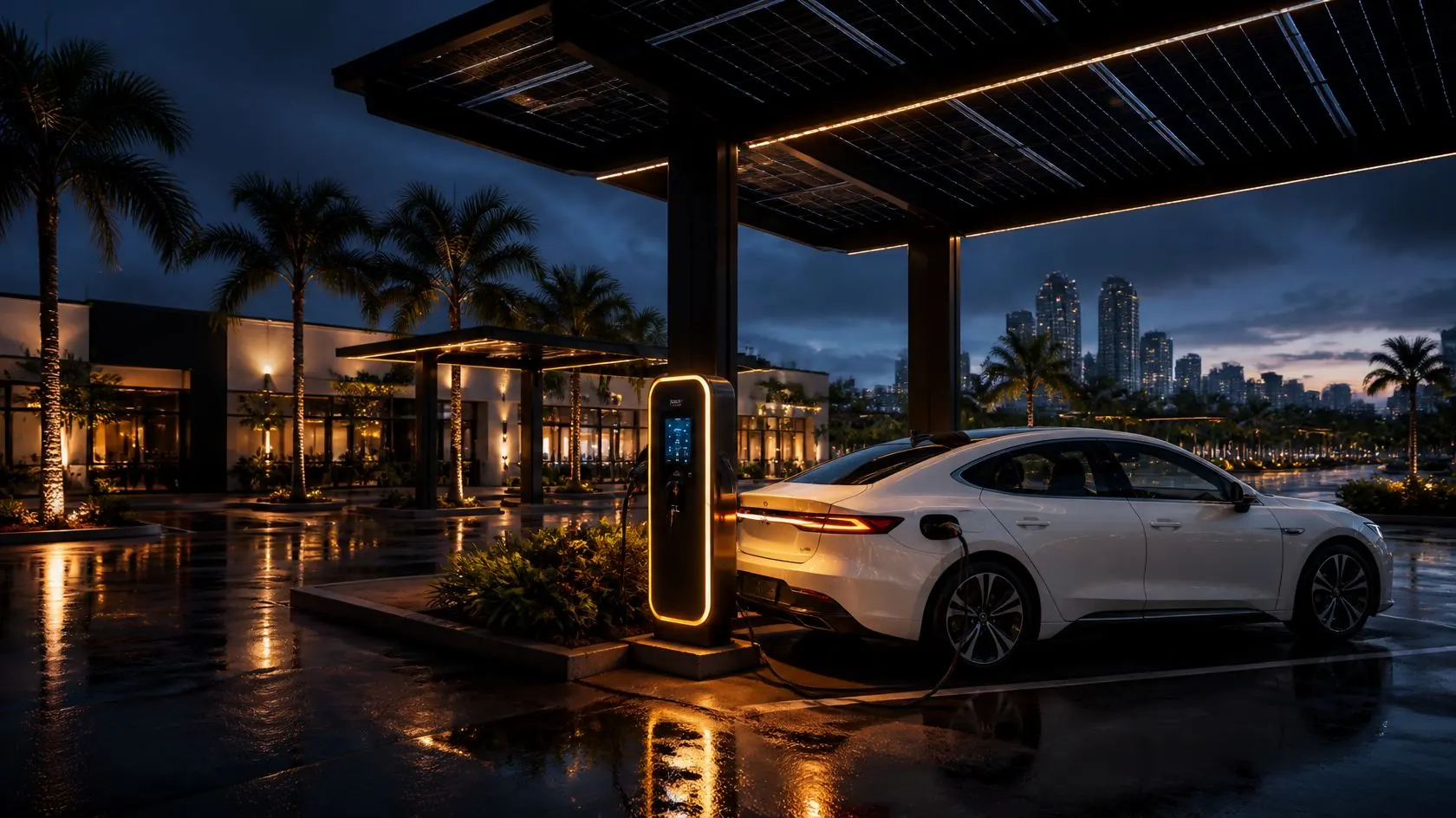Cargador inteligente cargando un auto eléctrico bajo una cubierta solar en un comercio