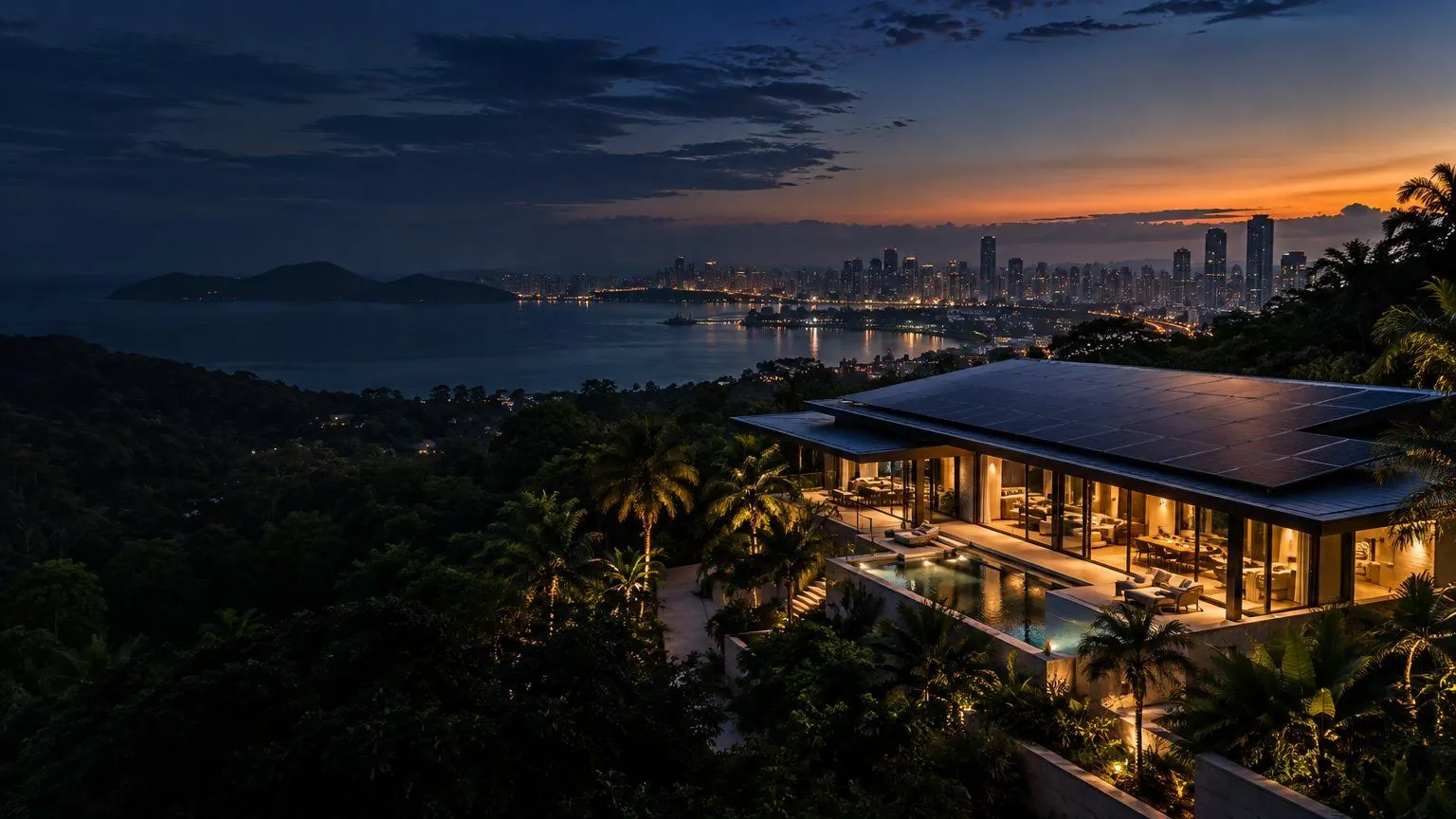 Residencia con techo solar frente a la bahía de Panamá al anochecer