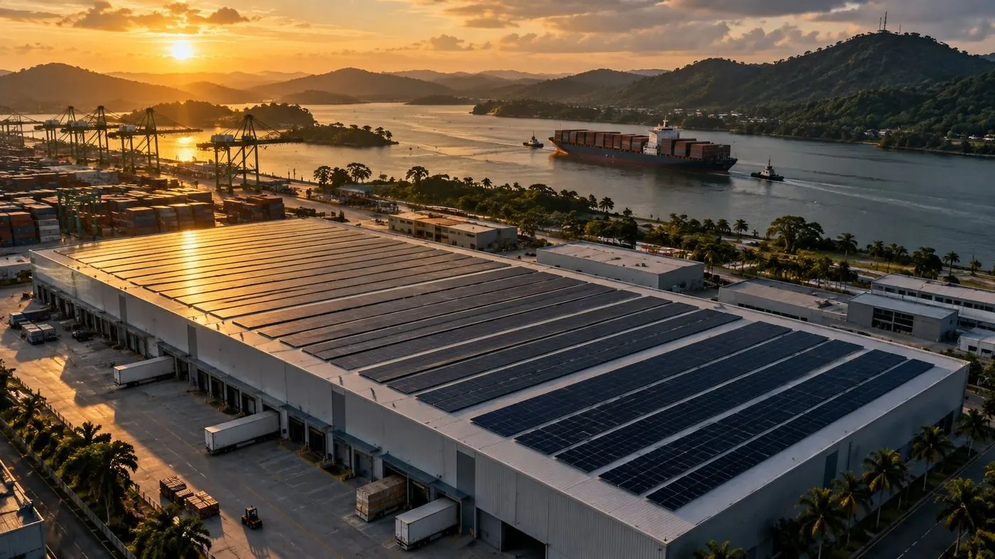 Techo solar industrial en una bodega logística junto a un puerto