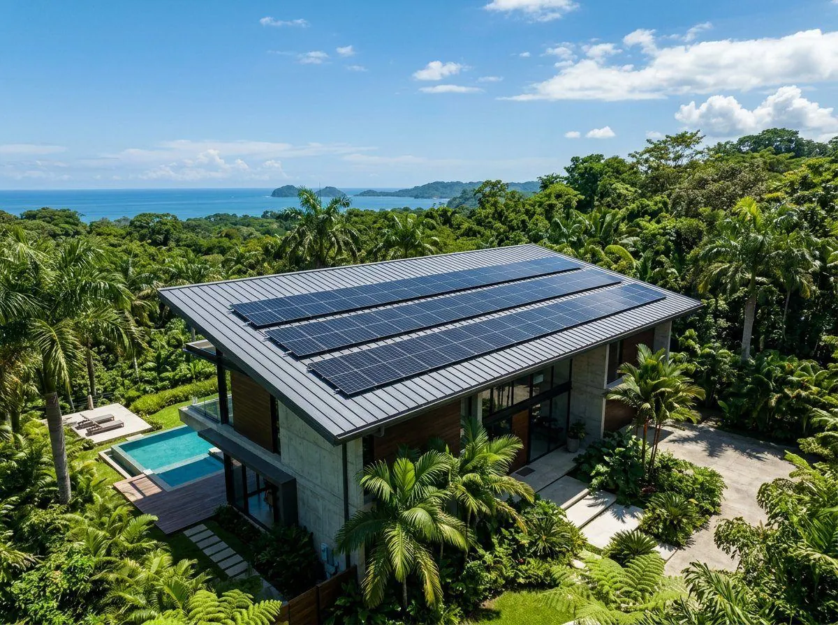 Vista aérea de una casa con paneles solares rodeada de vegetación